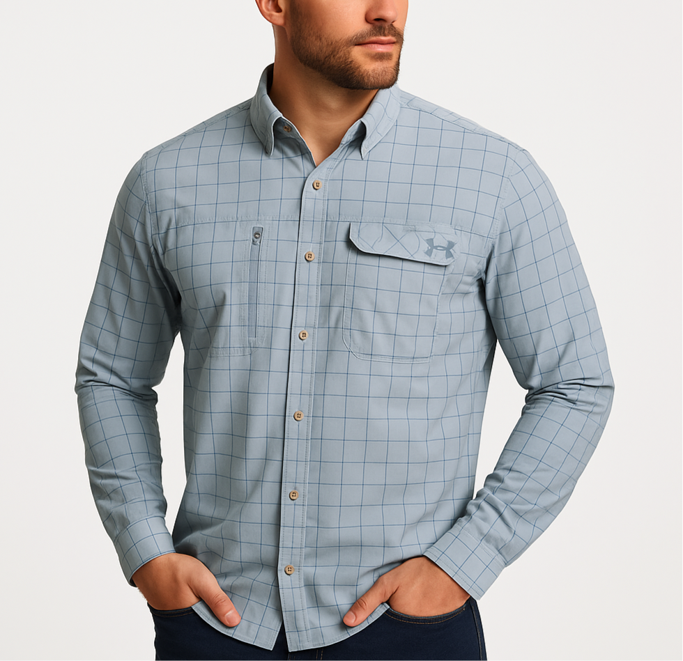 Camisa de botones Under Armour 🏋🏽 color gris claro de cuadros verde y azul Talla XL Entalle Regular