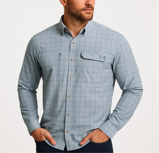 Camisa de botones Under Armour 🏋🏽 color gris claro de cuadros verde y azul Talla XL Entalle Regular