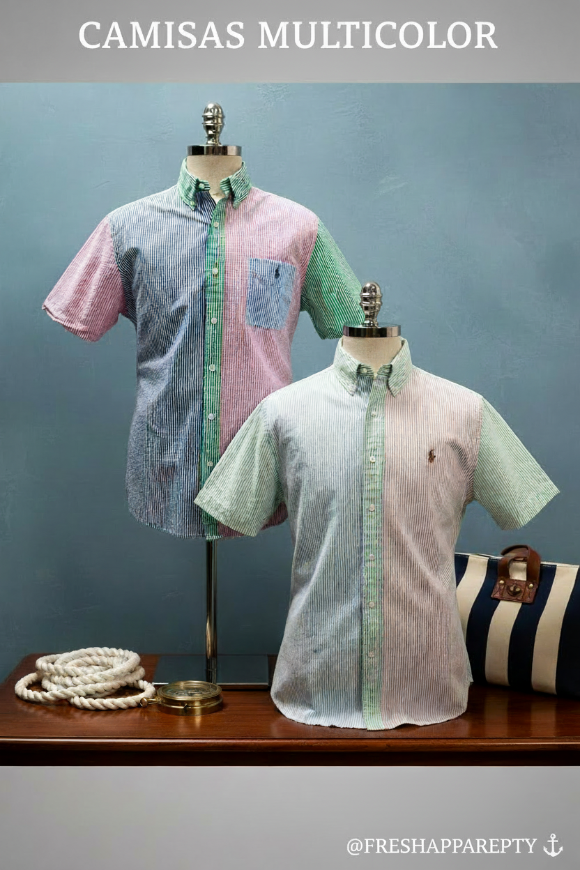 Camisa de botones Polo Ralph Lauren 🏇🏼 Seersucker de rayas en verde claro, rosado y azul Talla L Entalle Regular