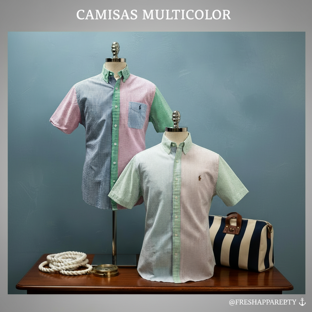 Camisa de botones Polo Ralph Lauren 🏇🏼 Seersucker de rayas en verde claro, rosado y azul Talla L Entalle Regular