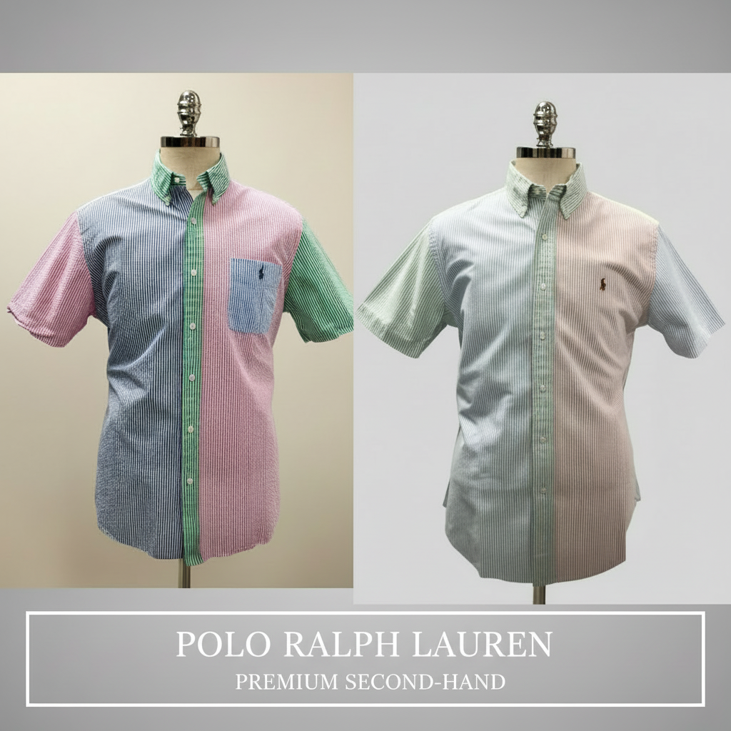 Camisa de botones Polo Ralph Lauren 🏇🏼 Seersucker de rayas en verde claro, rosado y azul Talla L Entalle Regular