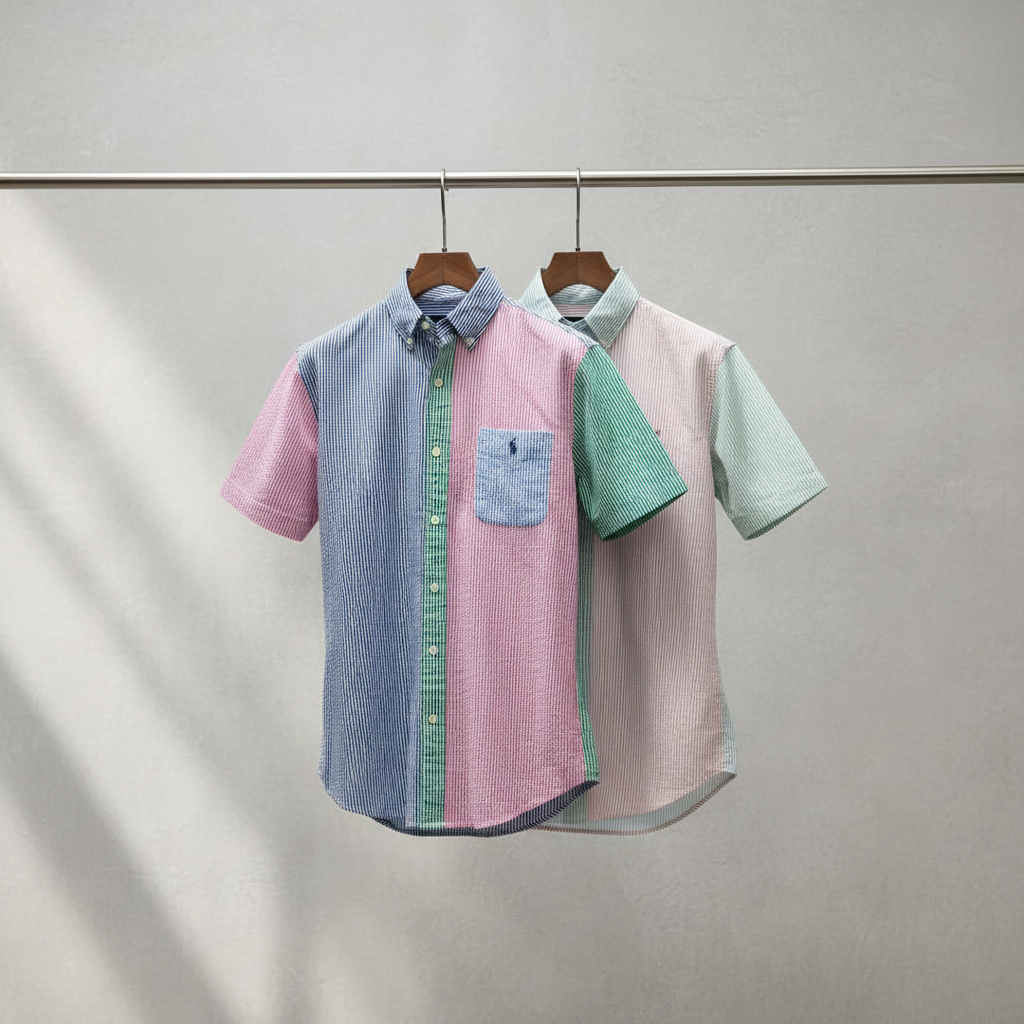 Camisa de botones Polo Ralph Lauren 🏇🏼 Seersucker de rayas en verde claro, rosado y azul Talla L Entalle Regular