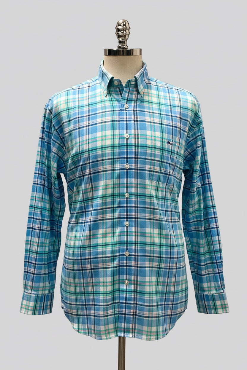 Camisa de botones Vineyard Vines 🐳 color blanco de cuadros en color rosado, turquesa y azul Talla XL Entalle Clasico