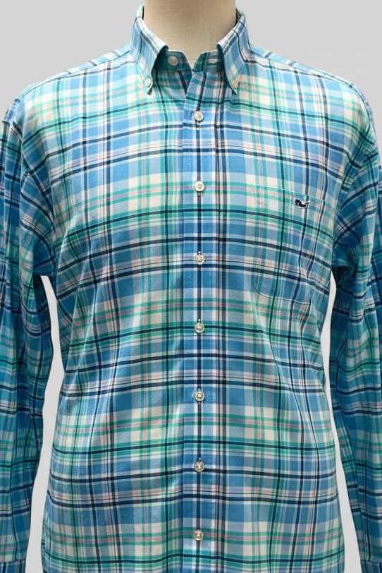 Camisa de botones Vineyard Vines 🐳 color blanco de cuadros en color rosado, turquesa y azul Talla XL Entalle Clasico