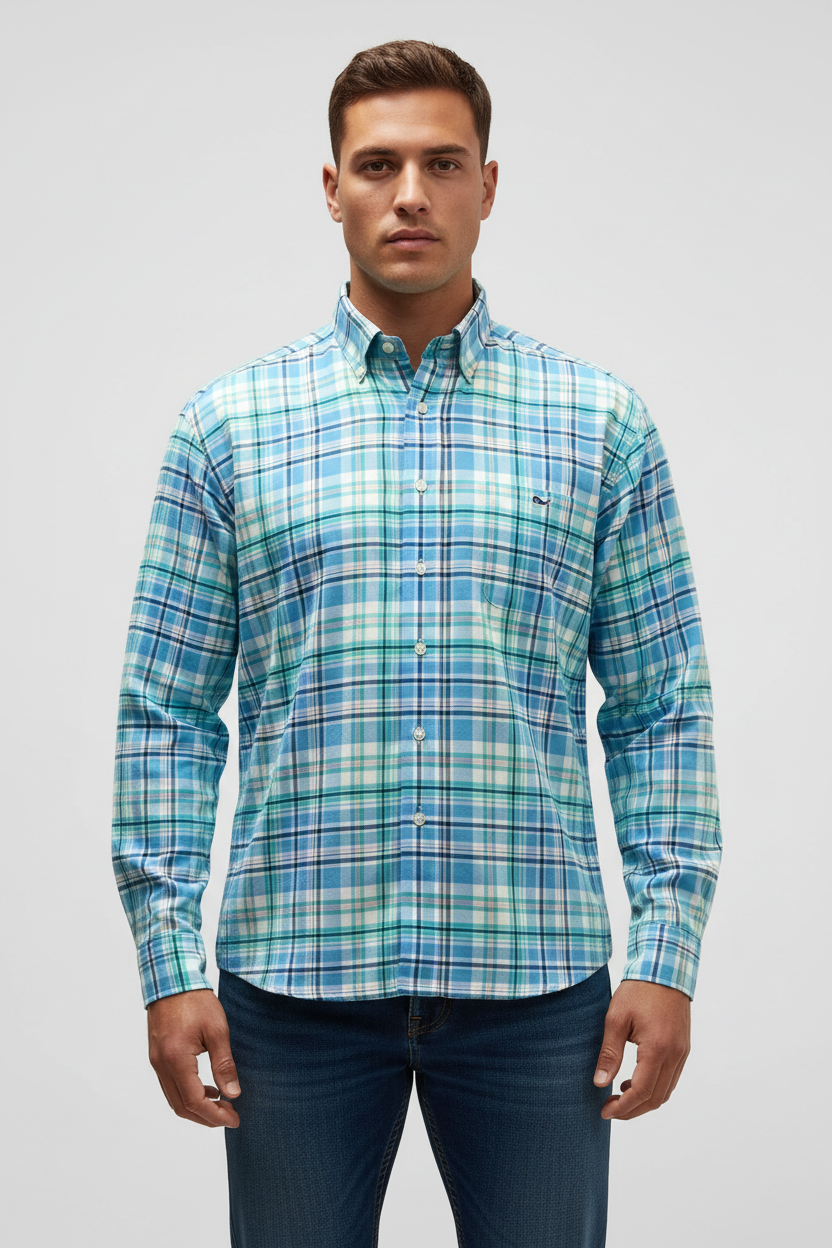 Camisa de botones Vineyard Vines 🐳 color blanco de cuadros en color rosado, turquesa y azul Talla XL Entalle Clasico