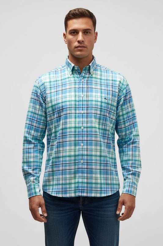 Camisa de botones Vineyard Vines 🐳 color blanco de cuadros en color rosado, turquesa y azul Talla XL Entalle Clasico