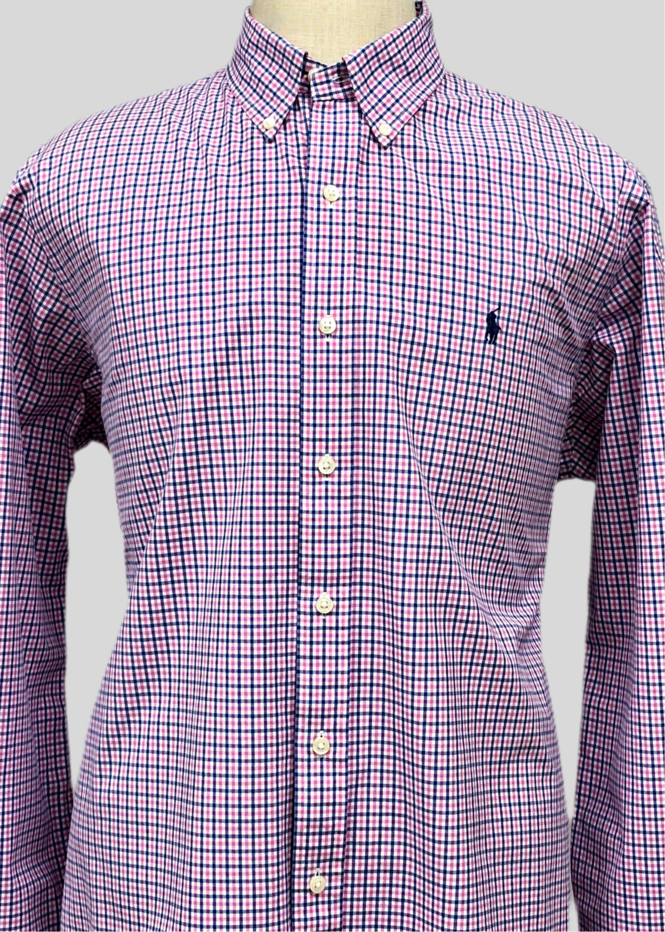 Camisa Polo Ralph Lauren 🏇🏼 blanca con patron de cuadros rosado y azul Talla L Entalle Clásico