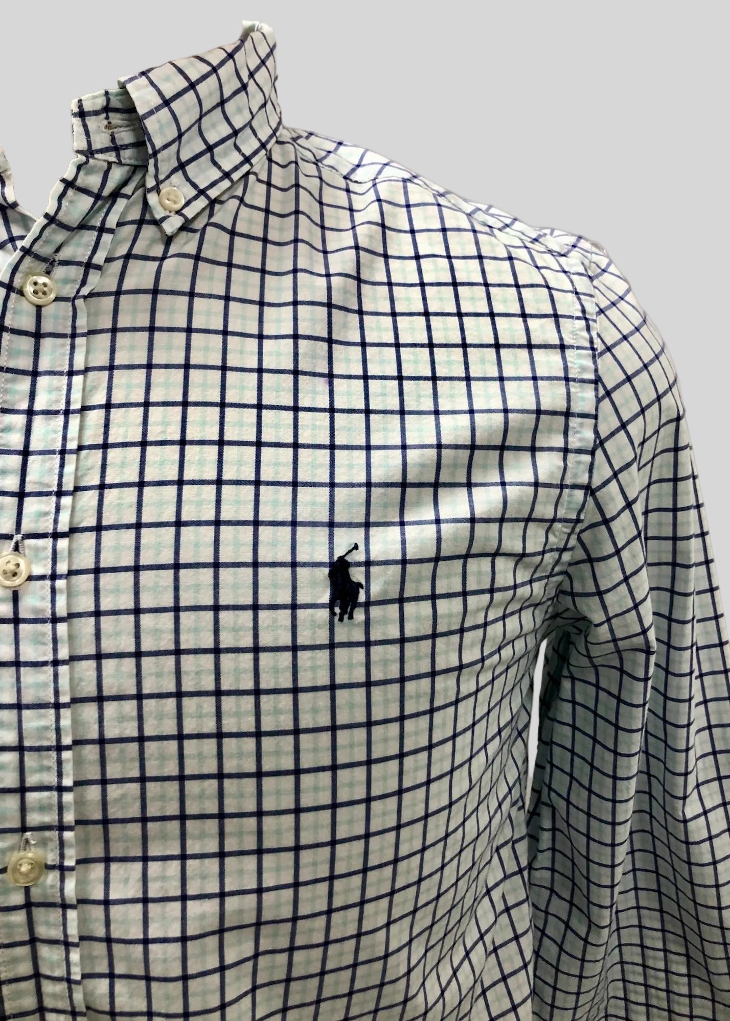 Camisa Polo Ralph Lauren 🏇🏼 color blanco de cuadros en turquesa y azul navy Talla XL (18) de niño Entalle Regular