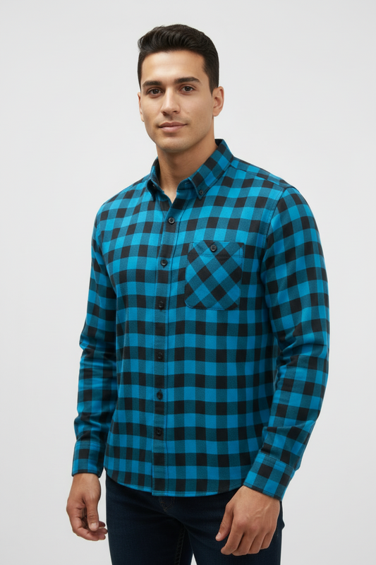 Camisa de botones American Eagle 🦅 de cuadros en color turquesa y negro Talla S Entalle Clásico