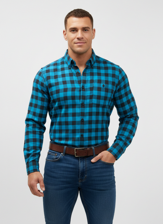 Camisa de botones American Eagle 🦅 de cuadros en color turquesa y negro Talla S Entalle Clásico