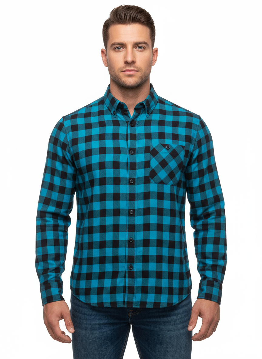 Camisa de botones American Eagle 🦅 de cuadros en color turquesa y negro Talla S Entalle Clásico