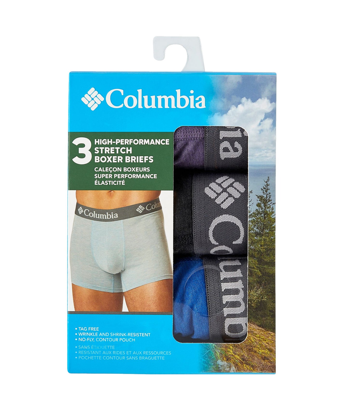 Combo de 3 Boxers Briefs Columbia 🔷 Tela de algodón stretch color morado, azul y gris Talla XL