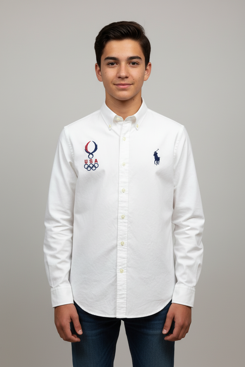 Camisa Polo Ralph Lauren 🏇🏼 Edición de Olimpiadas en color blanco con logo big pony en azul navy Talla L (16) de niño Entalle Regular
