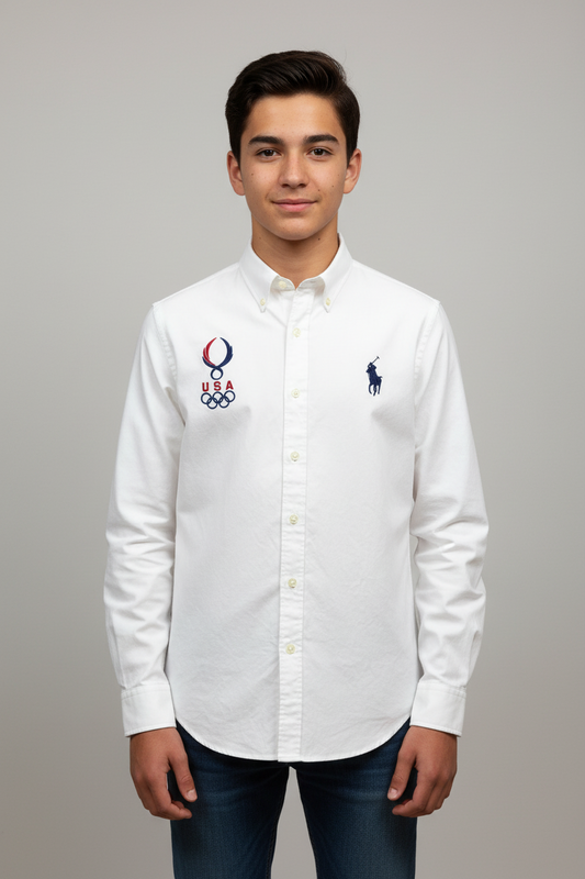 Camisa Polo Ralph Lauren 🏇🏼 Edición de Olimpiadas en color blanco con logo big pony en azul navy Talla L (16) de niño Entalle Regular