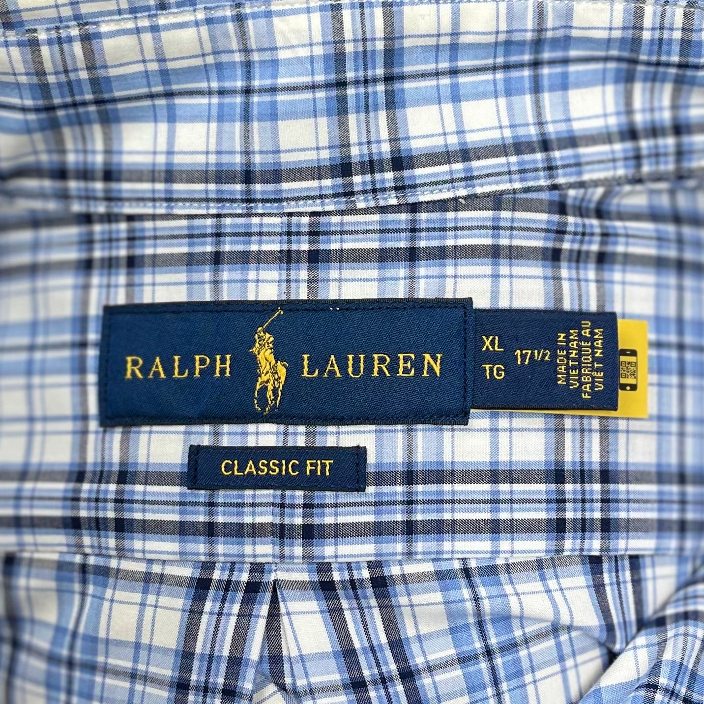 Camisa Polo Ralph Lauren 🏇🏼 color blanco con patrón de cuadros negro y celeste Talla XL Entalle Clásico