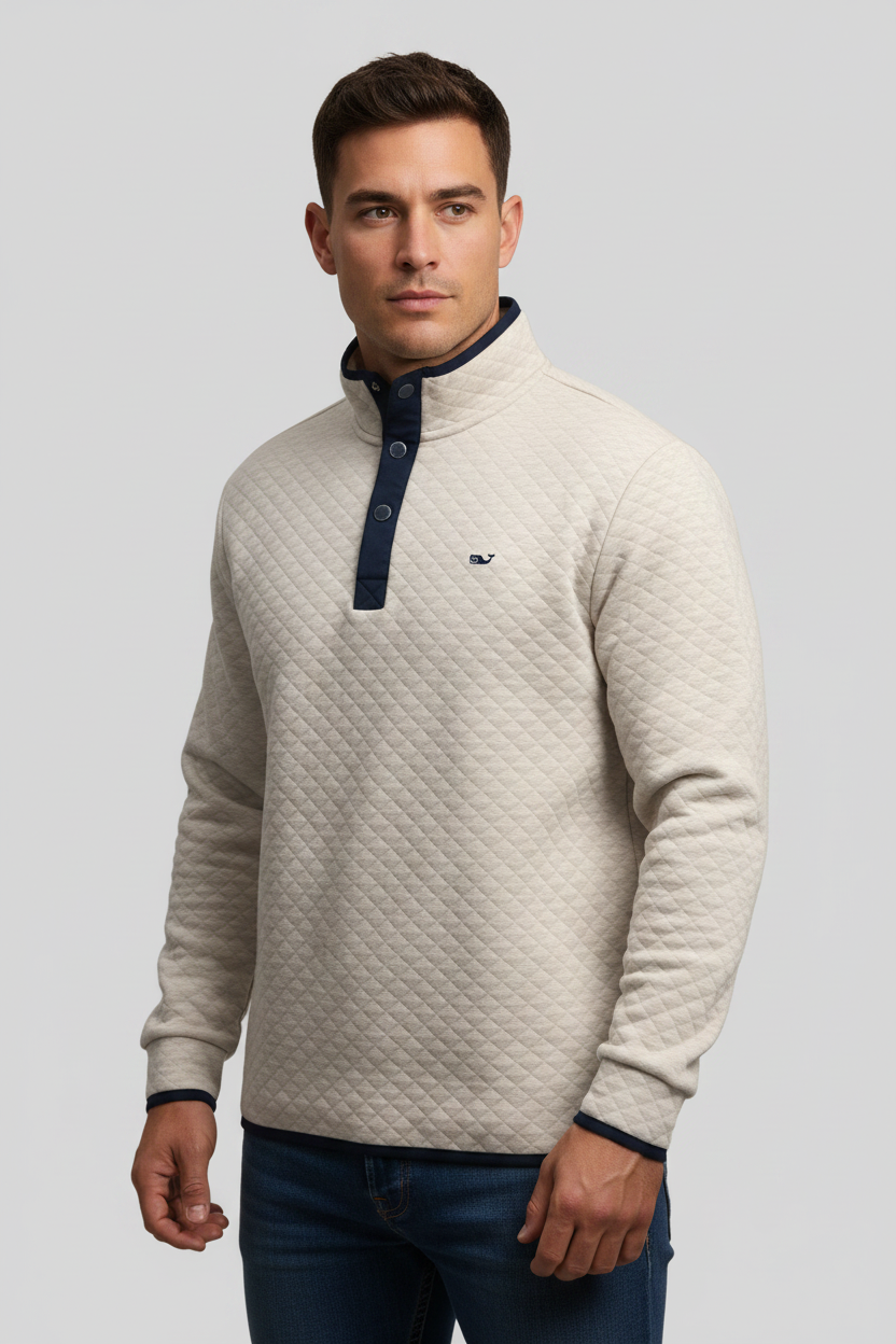 Sueter Jersey Vineyard Vines 🐳 Diseño de cuadros en color crema con logo azul navy Talla L