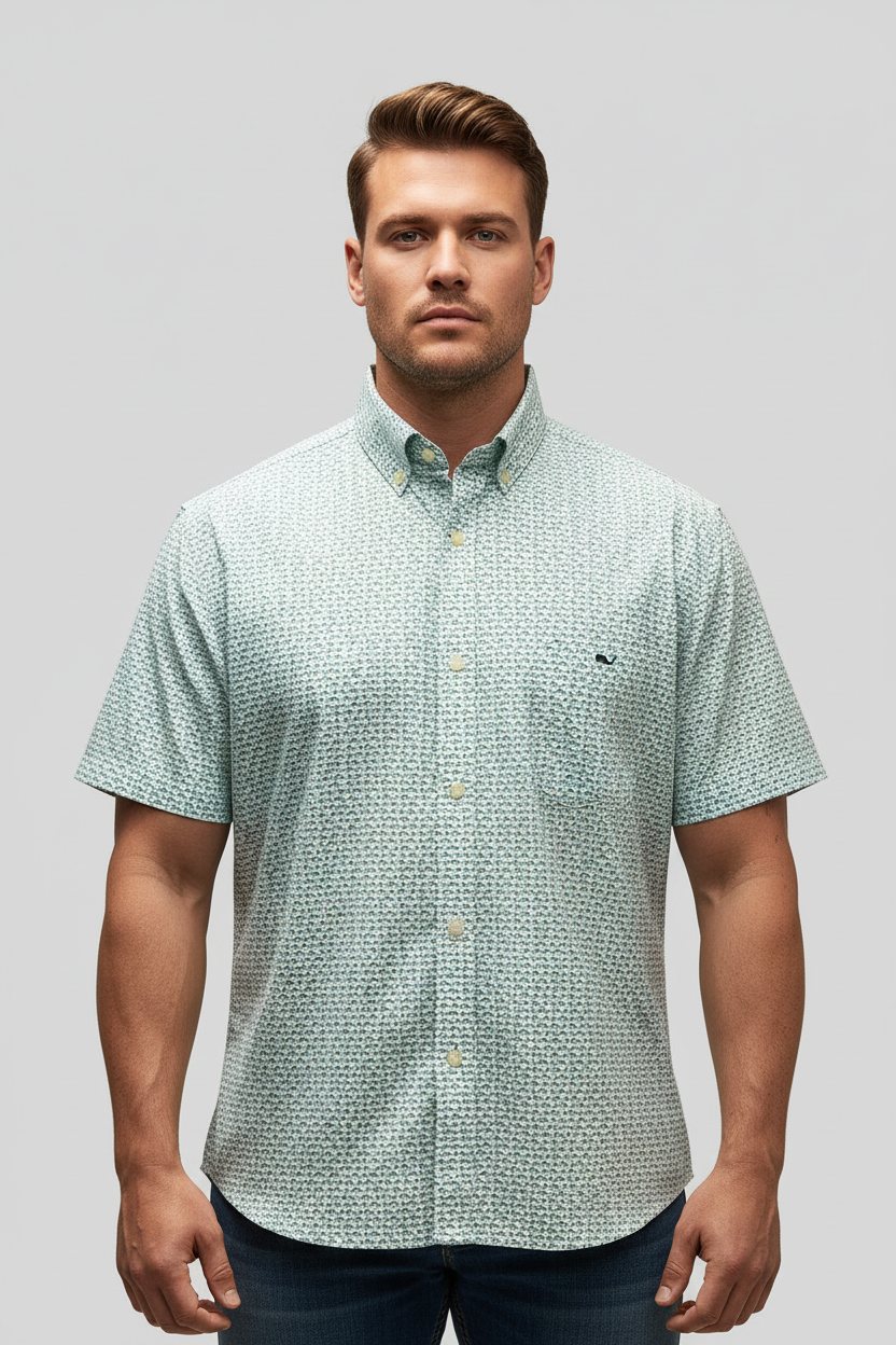 Camisa de botones Vineyard Vines 🐳 Performance color blanco con diseño de peces en color azul Talla XXL Entalle Clásico