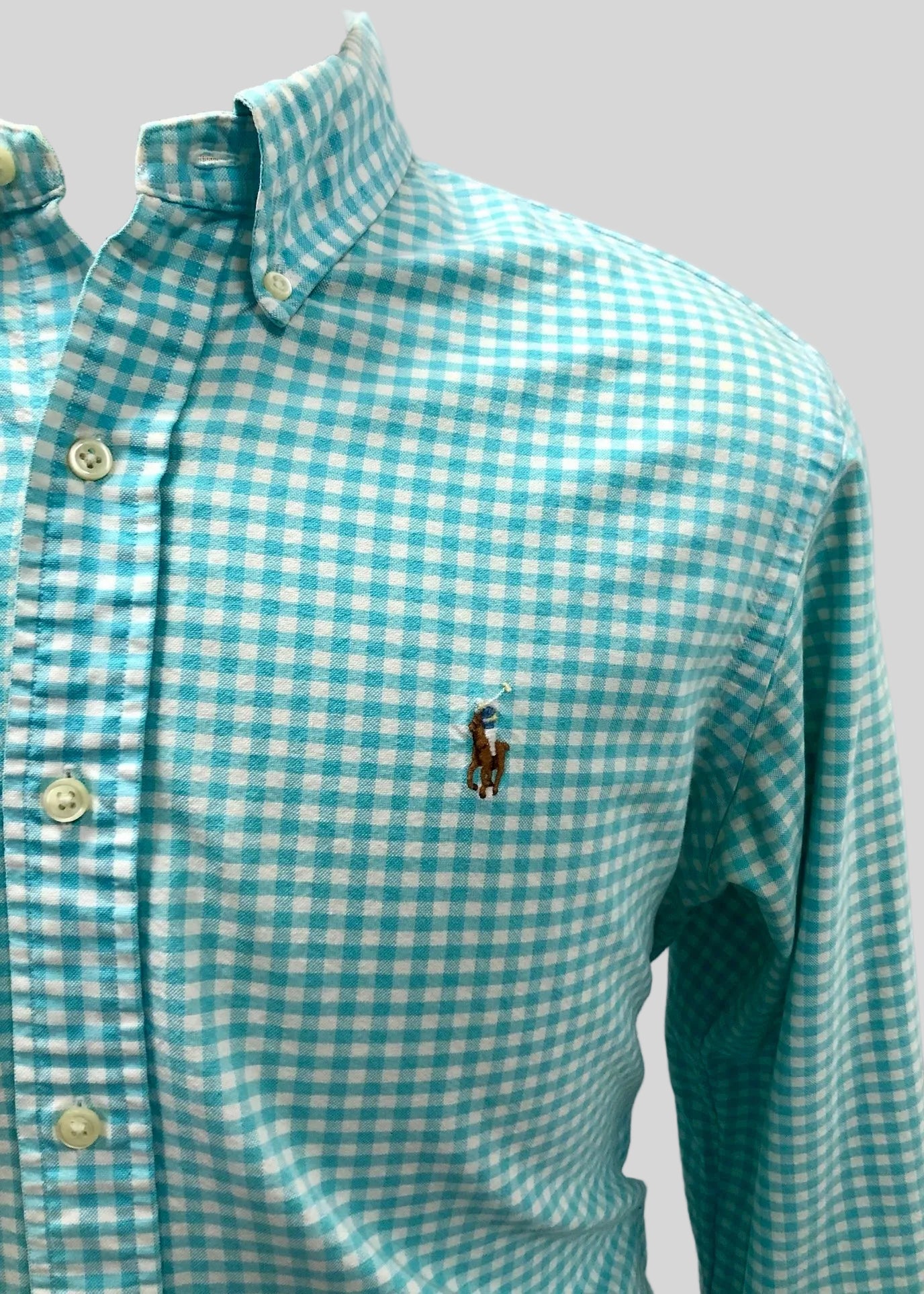 Camisa de botones Polo Ralph Lauren 🏇🏼 Oxford de cuadros gingham turquesa y blanco Talla L Entalle Regular (ver descripción)