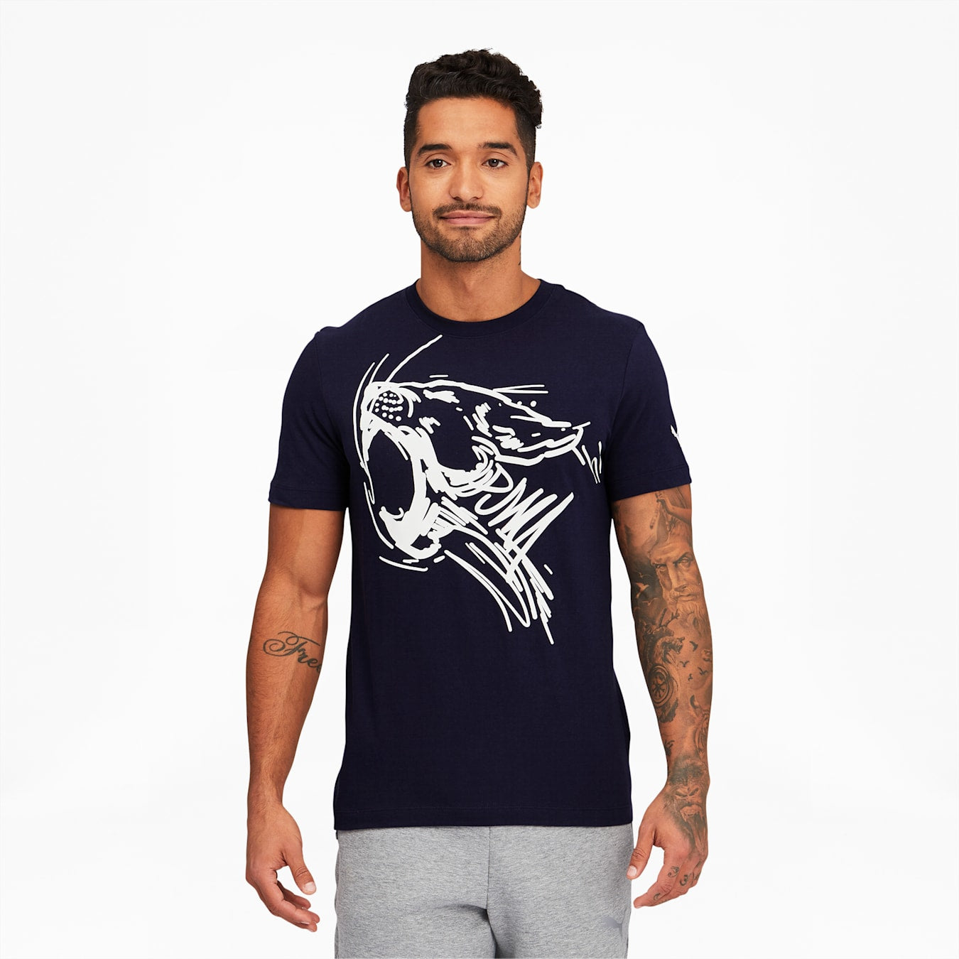Camiseta cuello redondo Puma 🐆 color azul navy con el logo Puma Head en blanco Talla L