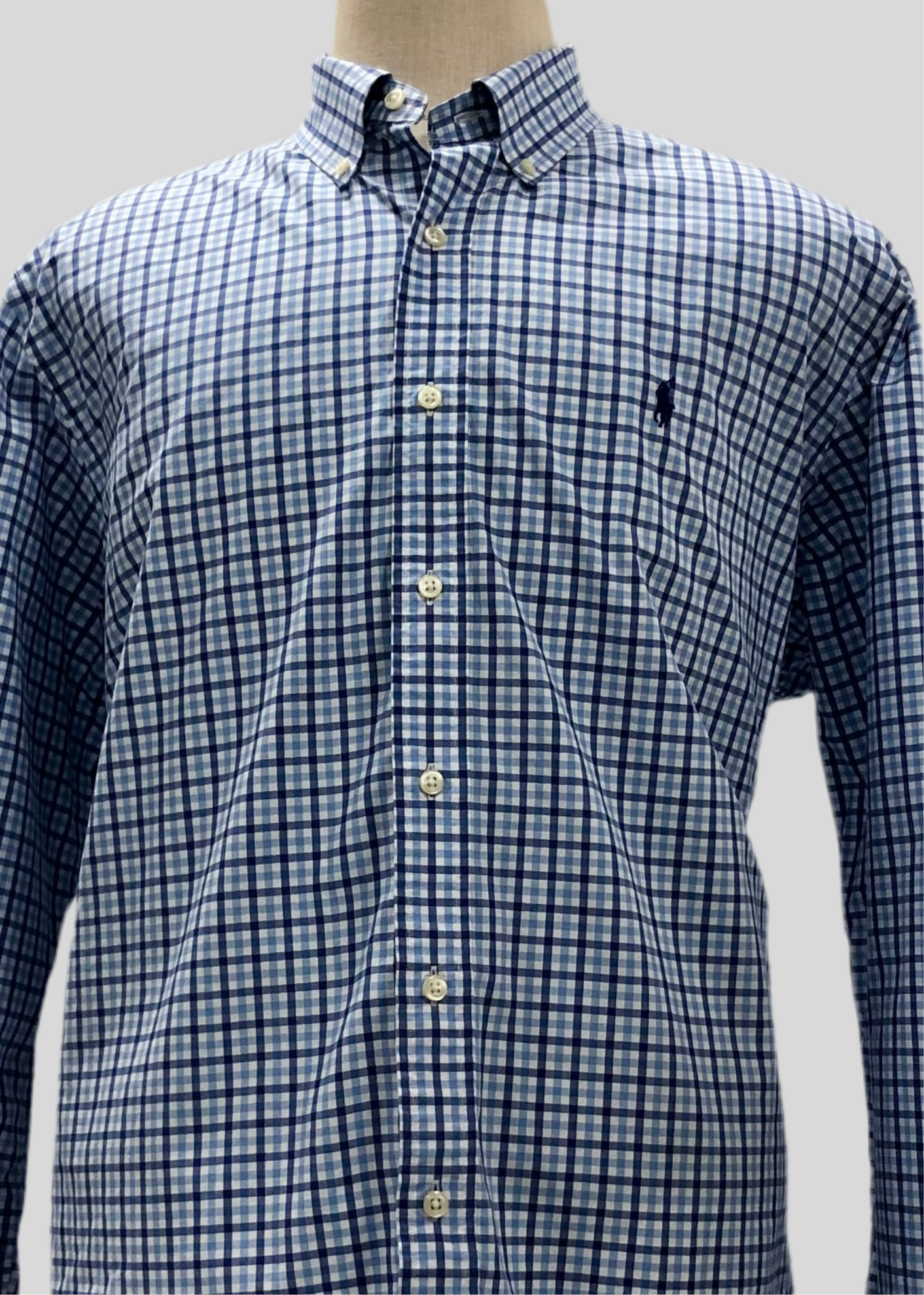 Camisa Polo Ralph Lauren 🏇🏼 Oxford color blanco con patron de cuadros en celeste y azul navy Talla XXL Entalle Regular
