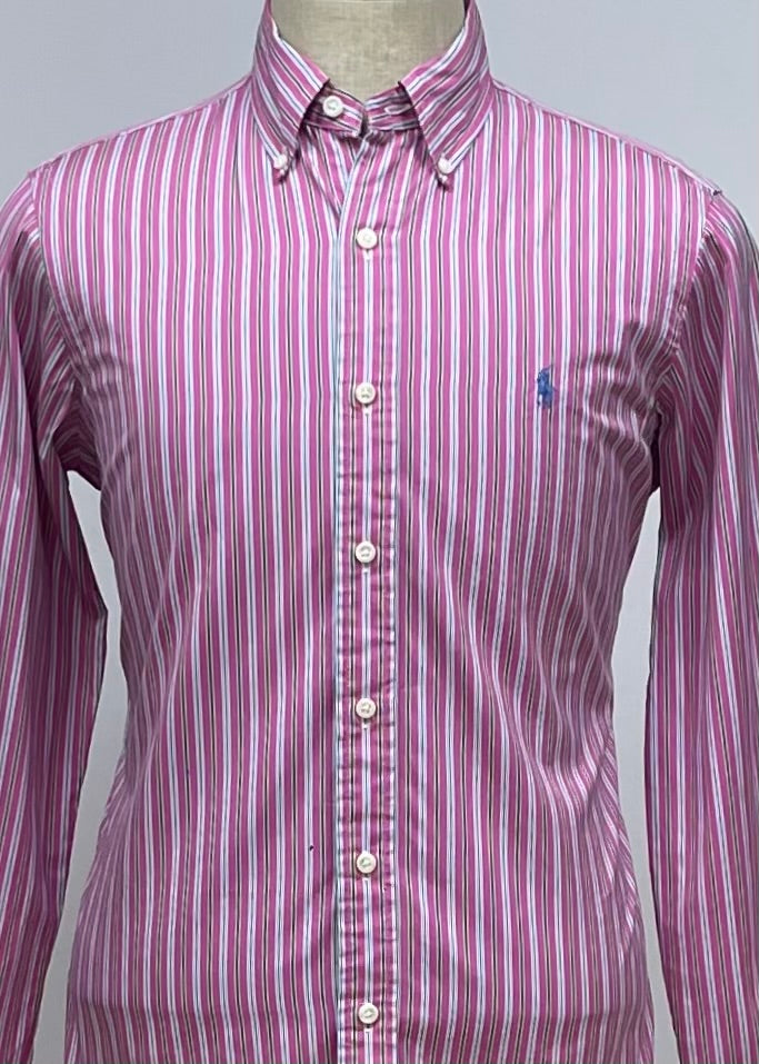 Camisa Polo Ralph Lauren 🏇🏼 con rayas en color rosado, verde y blanco Talla S Entalle Regular