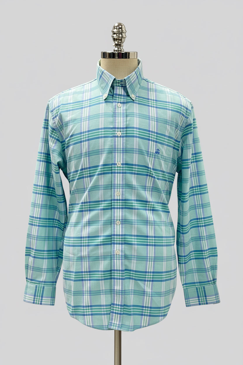 Camisa de botones Brooks Brothers 🐑 de cuadros en verde claro y azul Talla L Entalle Regular