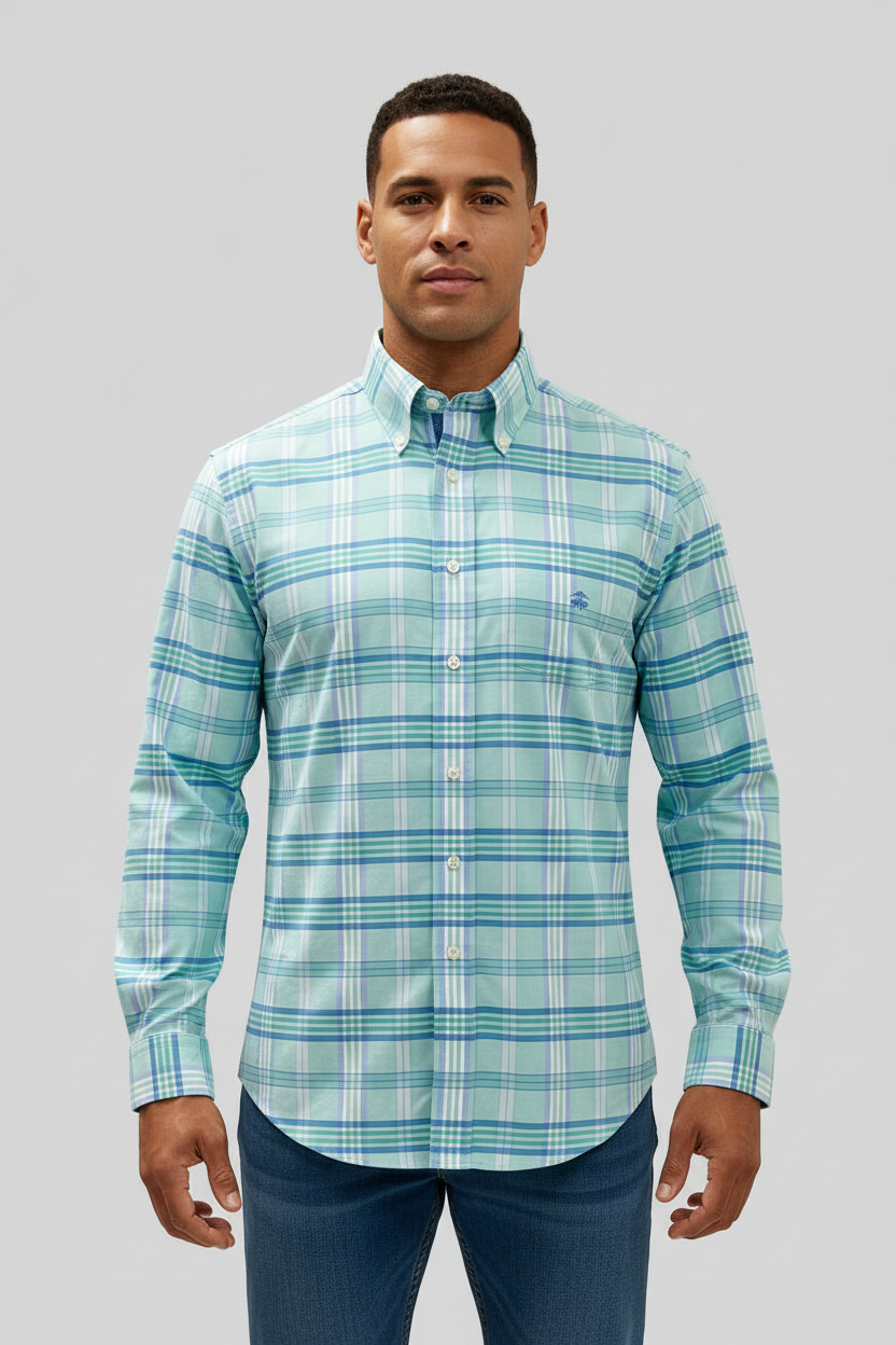 Camisa de botones Brooks Brothers 🐑 de cuadros en verde claro y azul Talla L Entalle Regular
