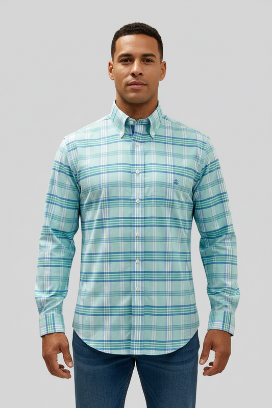 Camisa de botones Brooks Brothers 🐑 de cuadros en verde claro y azul Talla L Entalle Regular