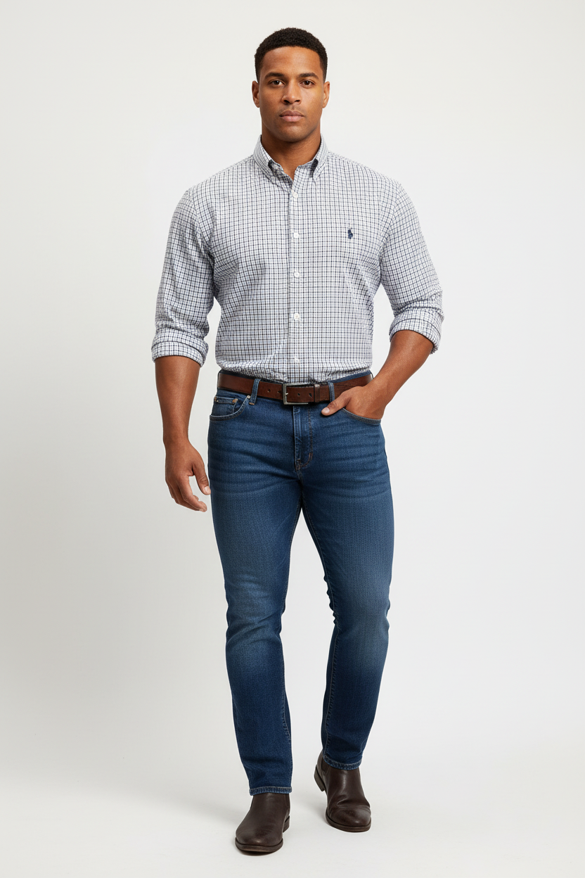 Camisa Polo Ralph Lauren 🏇🏼 color blanco de cuadros Kaki y azul Talla L Entalle Regular