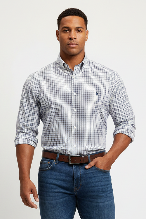 Camisa Polo Ralph Lauren 🏇🏼 color blanco de cuadros Kaki y azul Talla L Entalle Regular