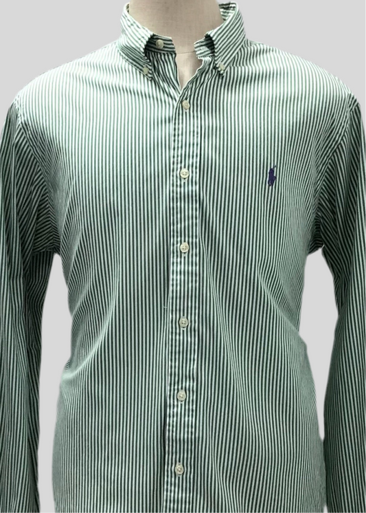 Camisa Polo Ralph Lauren 🏇🏼 con patrón de rayas en color verde claro y blanco Talla XL Entalle Regular