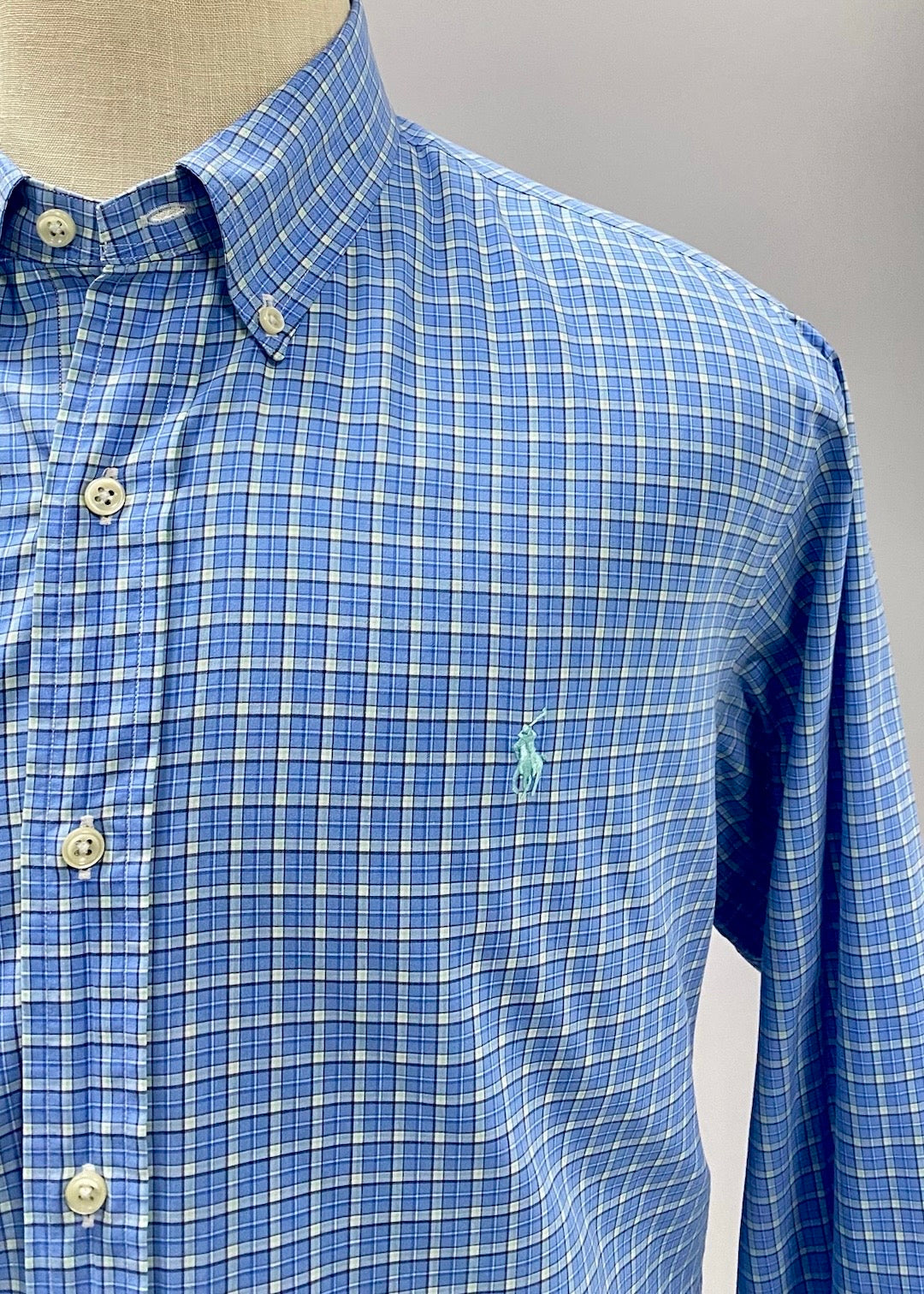 Camisa Polo Ralph Lauren 🏇🏼 con patron de cuadros tartán azul, celeste y blanco Talla XL Entalle Regular