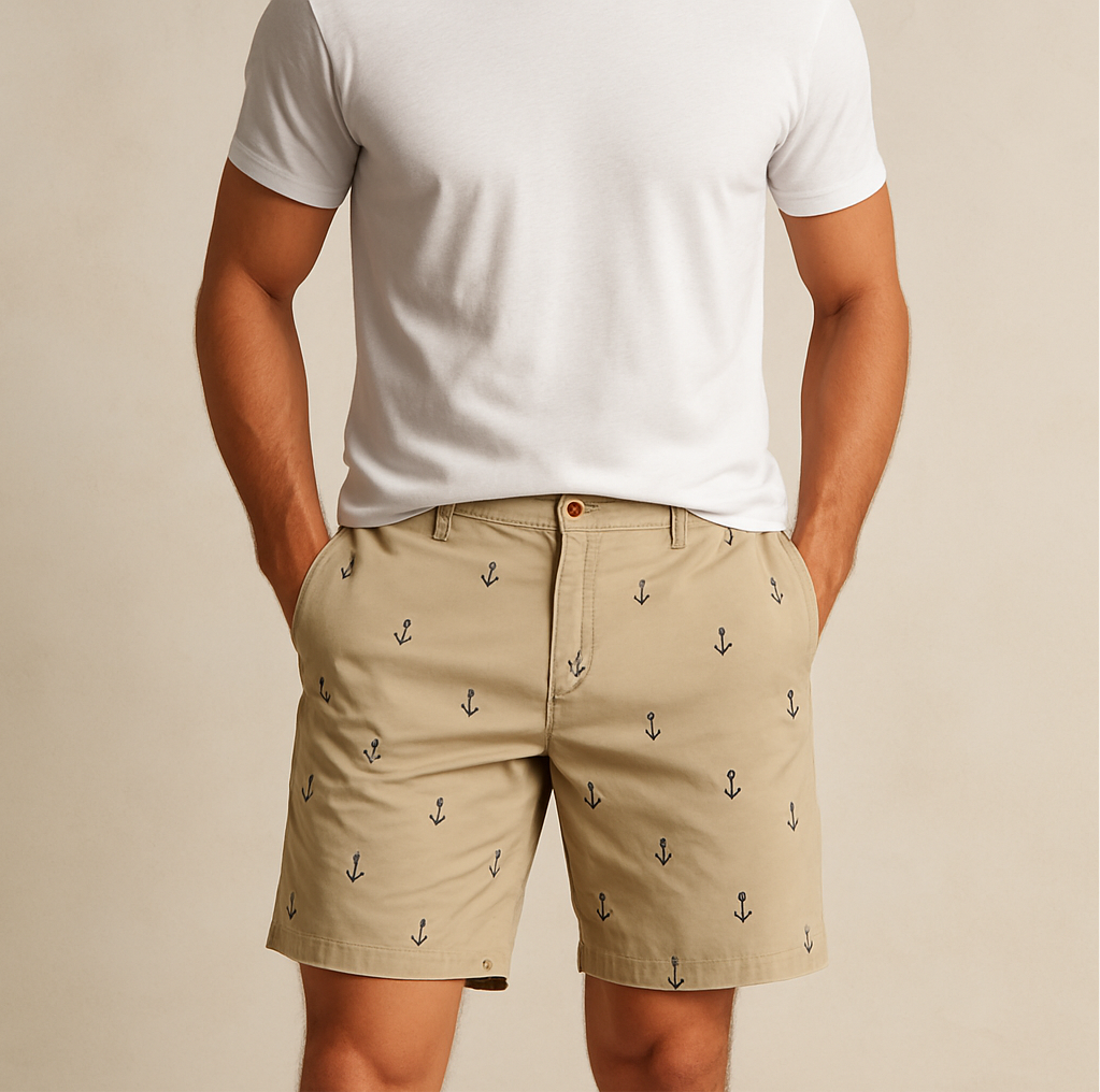 Short Casual IZOD 🇺🇸 color kaki con diseño de ancla en azul navy talla 32