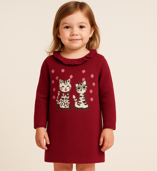 Vestido tejido español de niña Mayoral ☁️ Manga larga Color rojo oscuro y diseño de gatitos Talla 4