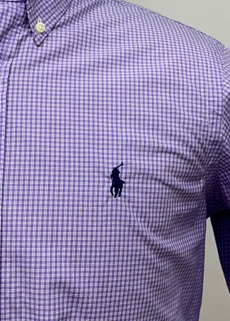 Camisa Polo Ralph Lauren 🏇🏼 con patron de cuadros dinos morado y blanco Talla S Entalle Regular (ver descripción)