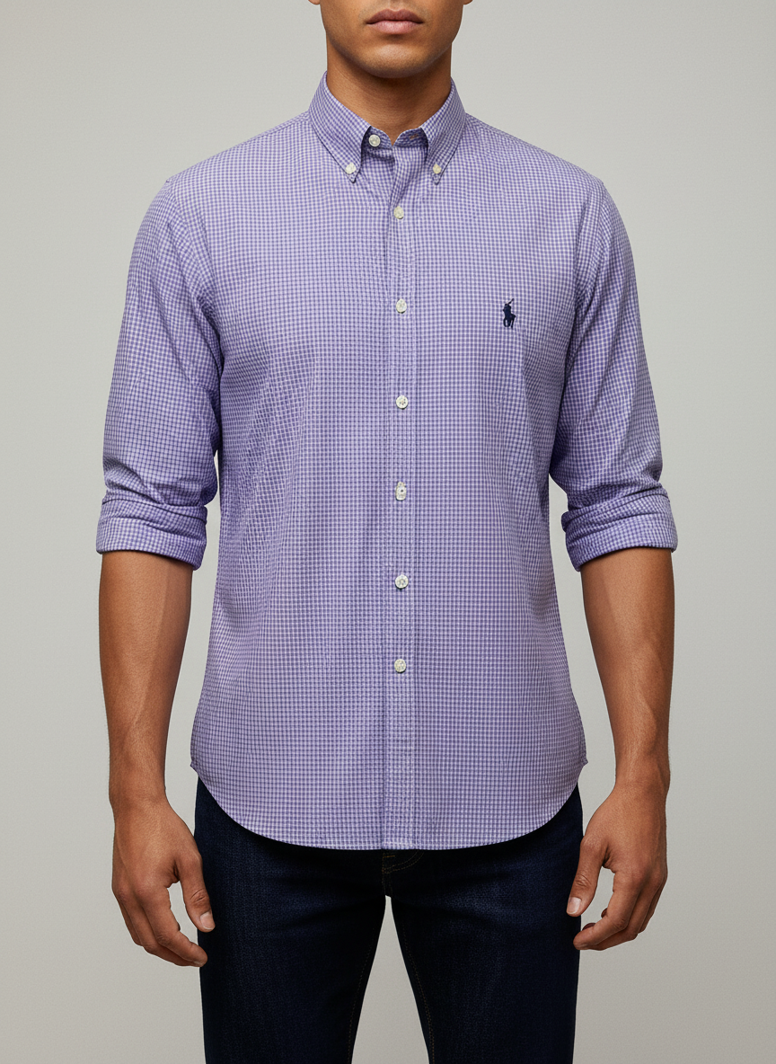 Camisa Polo Ralph Lauren 🏇🏼 con patron de cuadros dinos morado y blanco Talla S Entalle Regular (ver descripción)