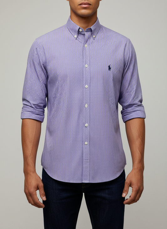 Camisa Polo Ralph Lauren 🏇🏼 con patron de cuadros dinos morado y blanco Talla S Entalle Regular (ver descripción)