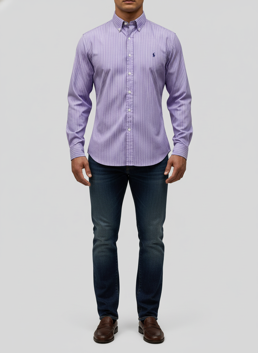 Camisa Polo Ralph Lauren 🏇🏼 con patron de rayas en color morado, azul navy y blanco Talla XL Entalle Regular