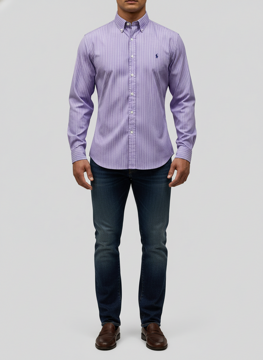 Camisa Polo Ralph Lauren 🏇🏼 con patron de rayas en color morado, azul navy y blanco Talla XL Entalle Regular