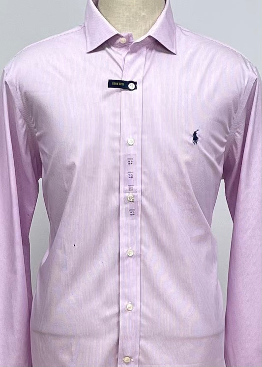 Camisa Polo Ralph Lauren 🏇🏼 color blanco con patron de rayas finas en color rosado Talla L Entalle Clásico