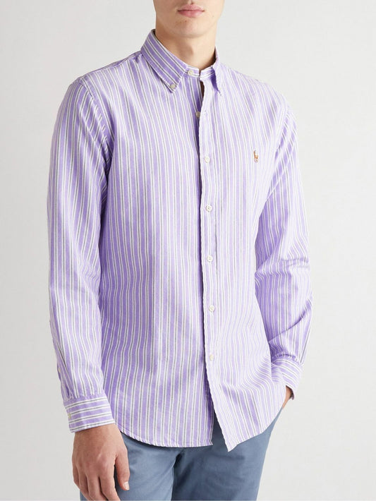 Camisa Polo Ralph Lauren 🏇🏼 Tela camiseta (Knit Oxford) de rayas en color morado, verde y blanco Talla L Entalle Slim Fit