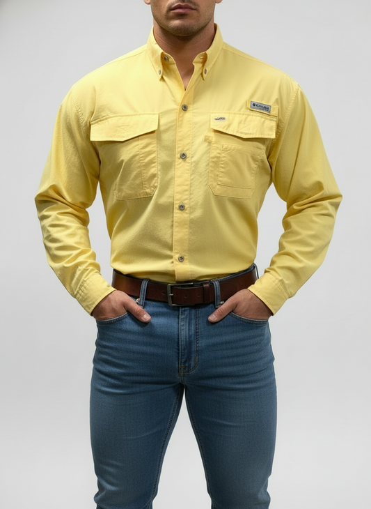 Camisa Columbia 🔹color amarillo con Omni Shade Manga larga Talla M