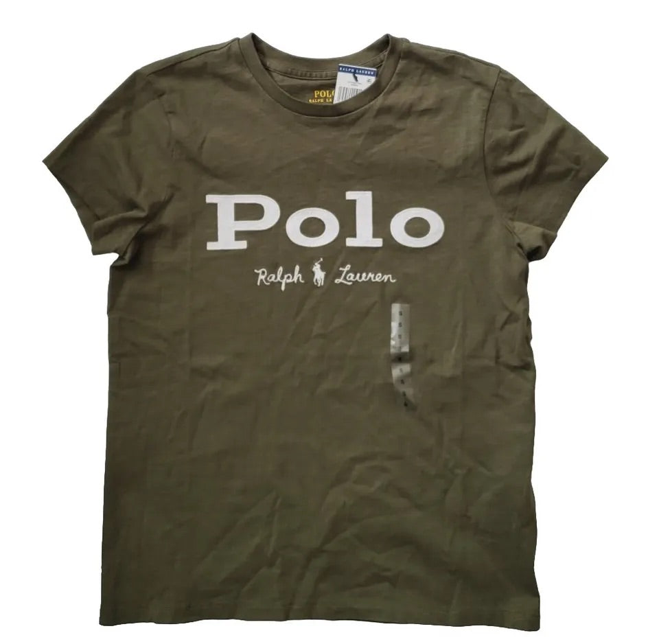 Camiseta cuello redondo de mujer Polo Ralph Lauren 🏇🏼 color verde oliva con diseño de logo blanco Talla XS Entalle Regular