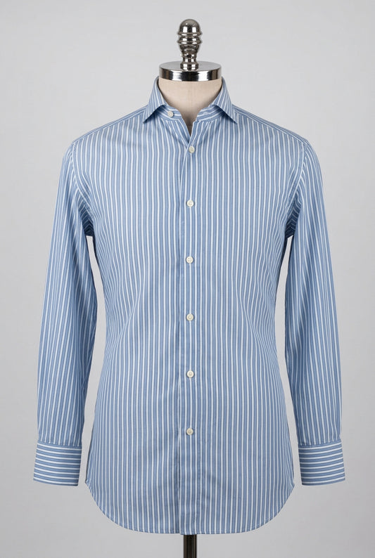 Camisa de botones Ermenegildo Zegna 🇮🇹 de rayas en celeste y blanco Talla M Entalle Regular (ver descripción)