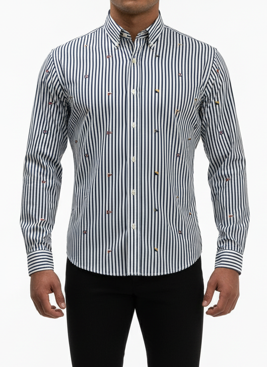 Camisa de botones Polo Ralph Lauren 🏇🏼 color blanco de rayas azul navy con logo de banderas Talla L Entalle Regular (ver descripción)