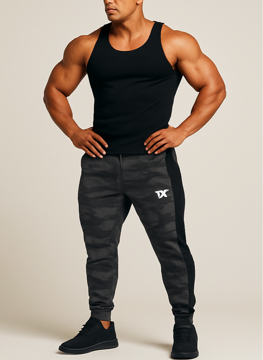 Pantalon Jogger lounge marca YoungLA 🏋️‍♀️ con diseño de camuflaje en color gris oscuro y negro Talla M