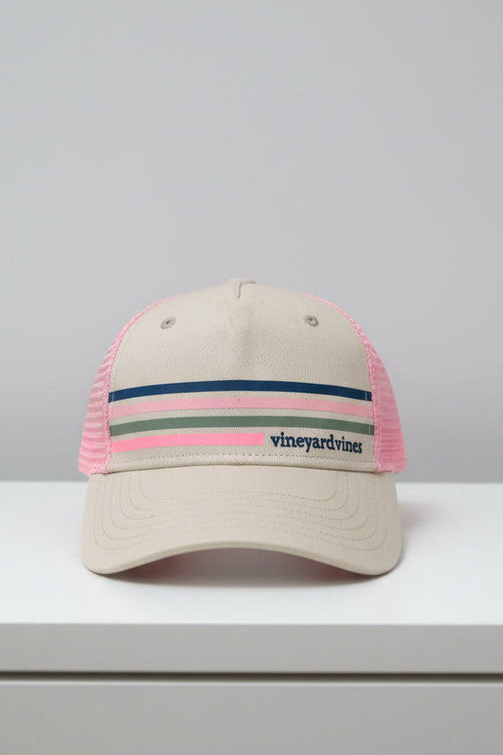 Gorra de mujer Vineyard Vines 🐳 color kaki y rosado con diseño de rayas
