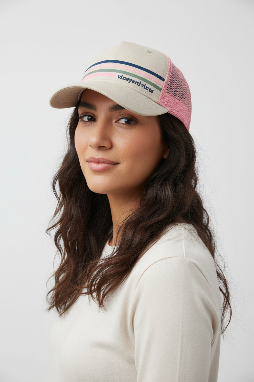 Gorra de mujer Vineyard Vines 🐳 color kaki y rosado con diseño de rayas