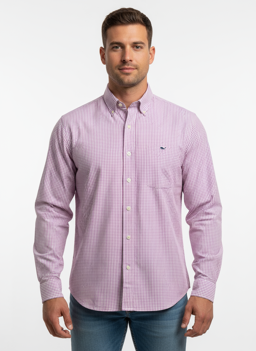 Camisa de botones Vineyard Vines 🐳 con patron cuadros gingham en color lila y blanco Talla M Entalle Regular