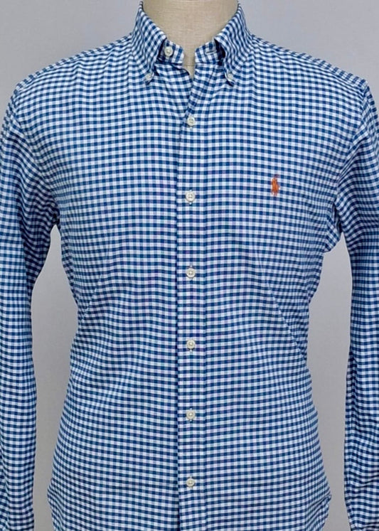 Camisa Polo Ralph Lauren 🏇🏼 Oxford con patron de cuadros gingham azul y blanco Talla M Entalle Clásico